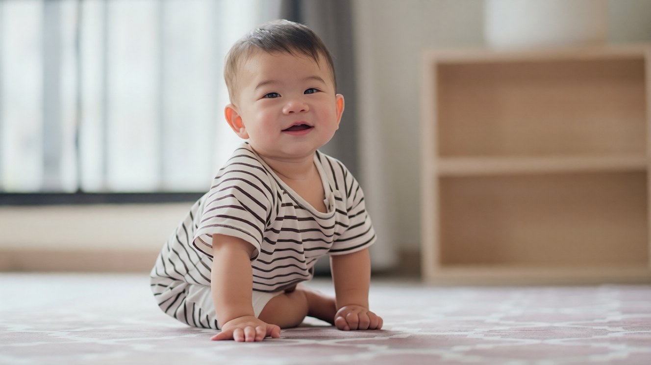 Smiling baby crawling on a play mat during a developmental milestone