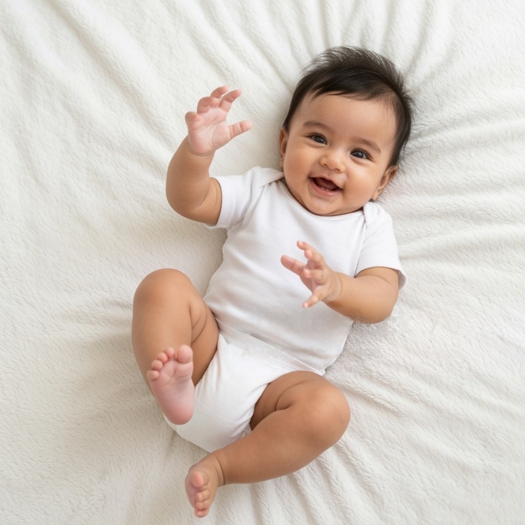 Smiling baby lying on a soft blanket, reaching up during play